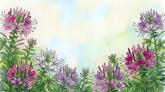 Watercolor cleome spider flowers in pink and purple hues with green foliage creating decorative border frame on soft pastel background for botanical designs.
