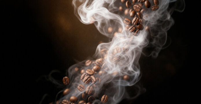 Roasted coffee beans falling in swirl of white steam on dark background
