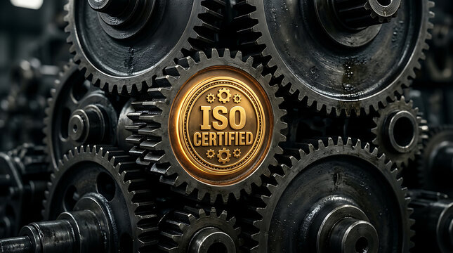 Close up of interconnected metal machine gears with a glowing golden iso certified badge in the center of the mechanism