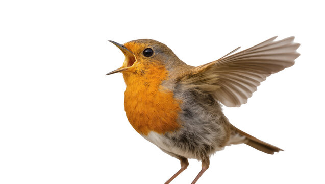 Singing European Robin with Extended Wing and Open Beak