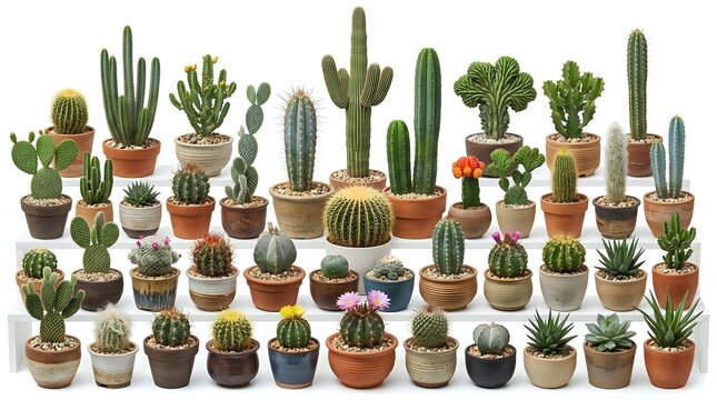Large collection of diverse cacti and succulents in terracotta and ceramic pots arranged in rows on white background for home decor and gardening projects.