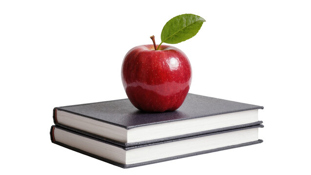 Red apple atop stacked books with green leaf