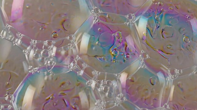 Macro capturing the intricate geometric structure of iridescent soap bubbles, showcasing their thin, translucent films reflecting a spectrum of pastel colors like pink, purple, blue, and yellow