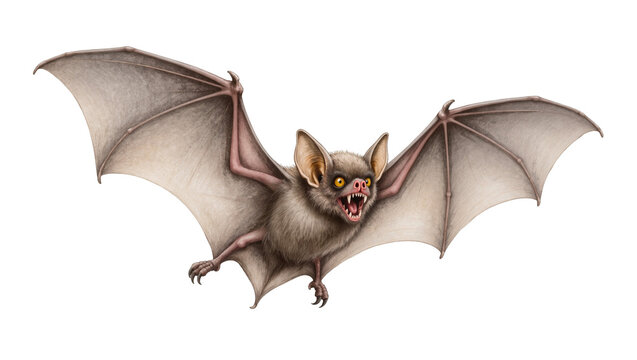 Dark furry bat with outstretched wings and sharp teeth