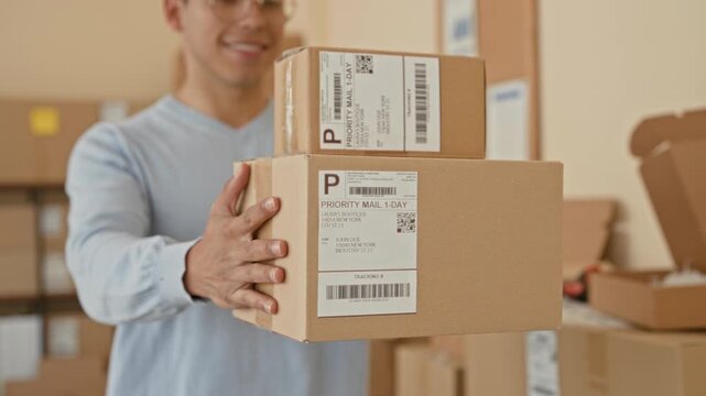 Man holding stacked cardboard packages with outstretched hand offering parcel to camera in warehouse packing room; small business efficiency.
