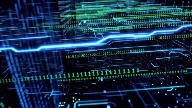 A futuristic blue circuit board design representing high-speed digital technology and data networks animation tech video