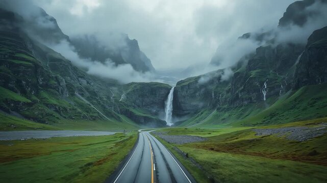 Empty road leading through dramatic green mountain valley toward tall waterfall under cloudy misty sky in remote nature landscape
