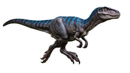 Fototapeta premium Blue striped Velociraptor dinosaur running with sharp claws