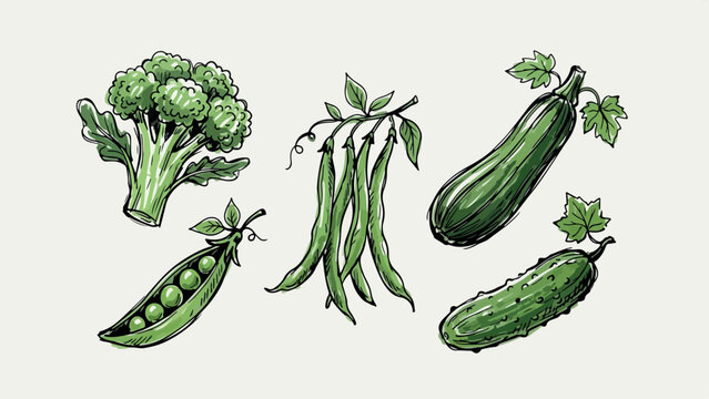 A flat vector illustration set of green vegetable icons including broccoli and peas