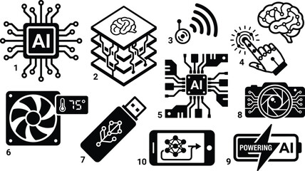 Obraz premium Artificial Intelligence Technology Icon Set with AI Chip, Machine Learning Layers, Neural Network, Smart Devices, Data Processing, and Digital Innovation Symbols