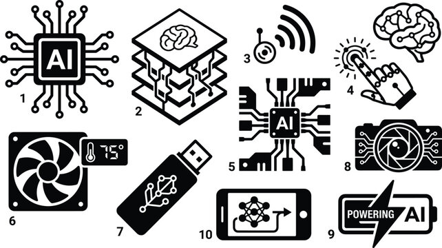 Artificial Intelligence Technology Icon Set with AI Chip, Machine Learning Layers, Neural Network, Smart Devices, Data Processing, and Digital Innovation Symbols