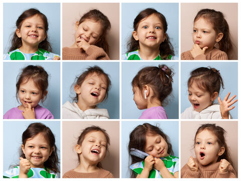 cute little child girl showing a range of feelings from happiness to annoyance in a facial expression