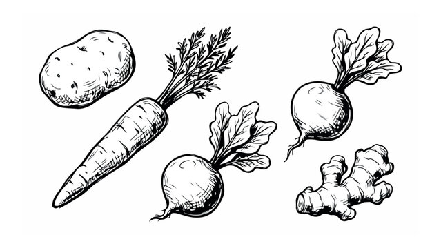Vegetable set flat vector illustration of fresh root vegetables including potato carrot beetroot and ginger
