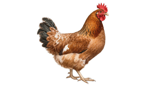 Brown speckled rooster standing full body with red comb and tail feathers