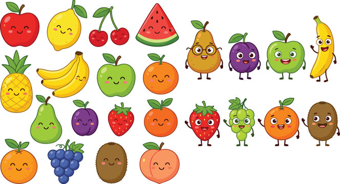 Cute fruit characters collection with smiling apple, banana, orange, strawberry and tropical fruits, cartoon vector illustration set