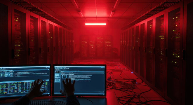 Server room with rows of computer servers and monitors displaying code in a dimly lit red environment.
