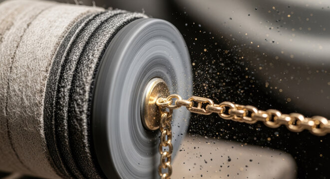 Polishing wheel with chain being sharpened on gray stone with sparks flying around featuring sharpening, grinding, metal with industrial and workshop