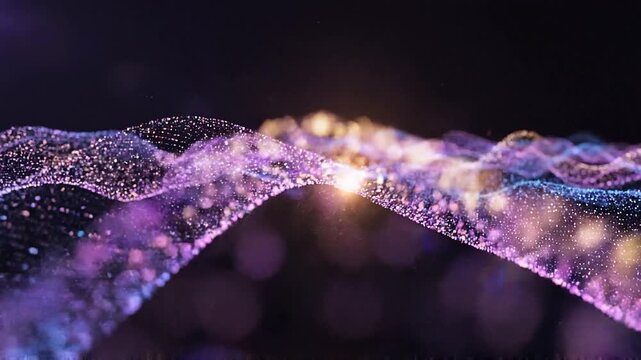 Abstract digital landscape of undulating hills formed by millions of tiny shimmering particles in shades of deep purple and electric blue against a dark blurred background creating a sense of depth