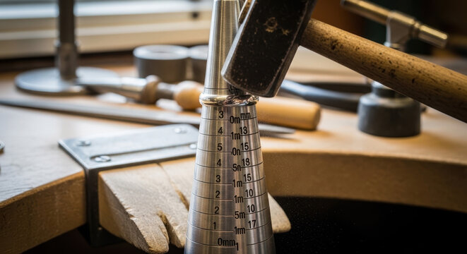 Ring mandrel with silver metal and measurement markings on a workbench featuring jewelry making, measurements, tools with crafting and handmade
