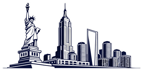 Fototapeta premium New York City Skyline Line Art, Statue of Liberty and Skyscraper Silhouette Illustration, Modern Minimal Blue Urban Landmark Design, Printable USA City Graphic