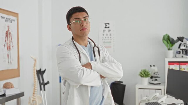 Man doctor with stethoscope and glasses arms crossed in medical office building with eye chart and spine model visible; confidence care.