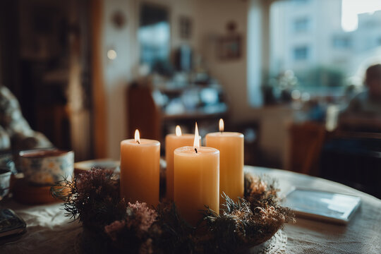Advent wreath with four candles one lit cozy home atmosphere warm natural light Christmas anticipation and holiday tradition concept
