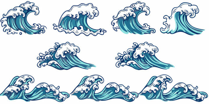 Hand drawn ocean waves collection nautical style illustration set