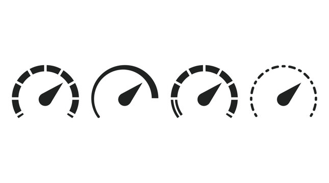 Four black speedometer icons displaying different levels of speed for website and mobile application user interfaces