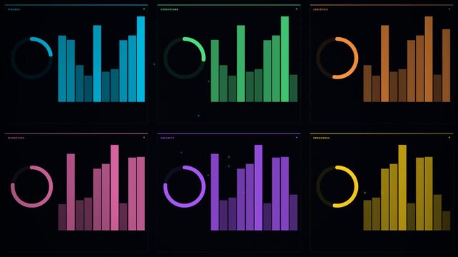 Dynamic Multi-Color Data Visualization Video Featuring Vibrant Bar Graphs and Circular Progress Indicators for Modern Analytics