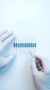 Technician in white gloves arranging blue resistors with tweezers on a light surface, electronics quality control and component inspection concept.