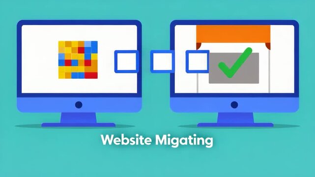 Flat design website migration animation, computer monitor screens with checklist and checkmark, blue background UI concept for hosting transfer and web development