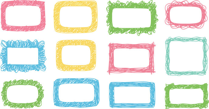 Colorful painted photo frames in various shapes and sizes