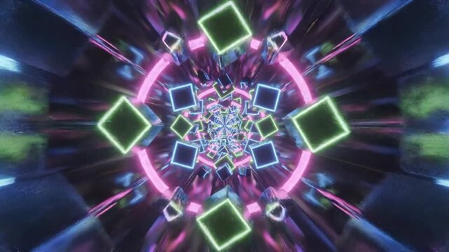 Infinite geometric tunnel of glowing neon blue, pink, and green triangles and squares creating a kaleidoscopic and futuristic visual effect with a sense of deep perspective and motion