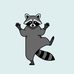 Obraz premium A cartoon raccoon standing on one leg with its arms raised in a playful pose.