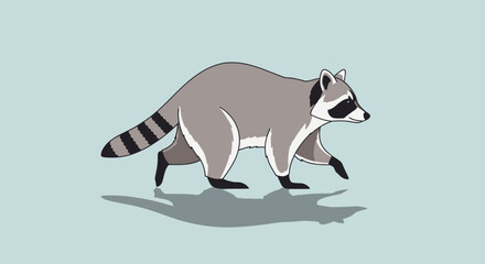 Fototapeta premium A gray raccoon with black and white markings walks on a light blue background.