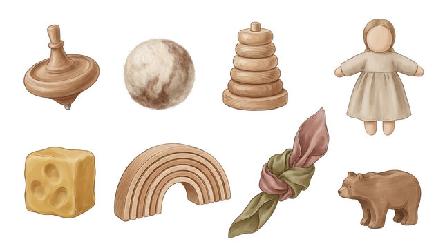 Collection of wooden and fabric baby toys, including spinning top, stacking rings, doll, bear, rainbow, and fabric knot, isolated on transparent background