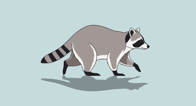 A gray raccoon with black and white markings walks on a light blue background.