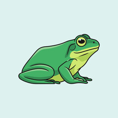 Obraz premium A green cartoon frog with a yellow belly and big round eyes sits on a light blue background.