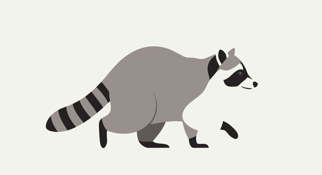 A gray raccoon walking to the right on a white background.