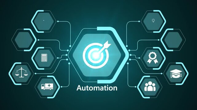 Animation of technology and business process automation with digital interface icons. 4k motion video. on transparent background.