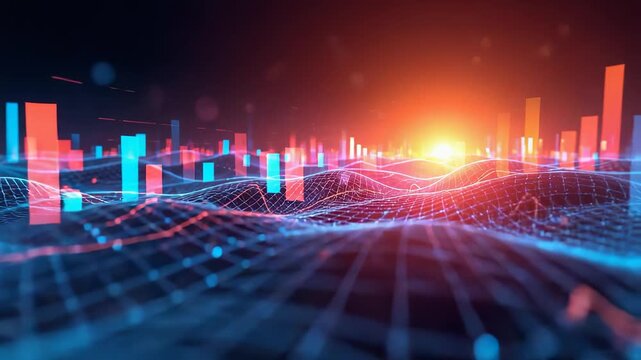 Glowing blue digital network grid with bar chart buildings and bright orange horizon light creating abstract data landscape