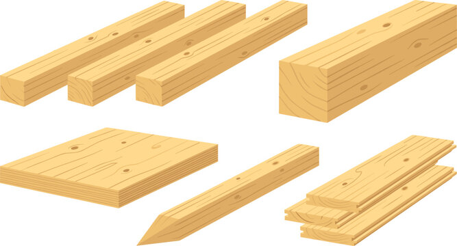 Wood Timber and Lumber Plank Set with Wooden Boards, Construction Materials, Carpentry Elements, and Natural Pine Wood Pieces for Building and DIY Projects