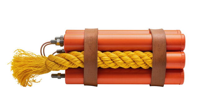 Orange dynamite sticks bound with leather straps and yellow rope, isolated on transparent background