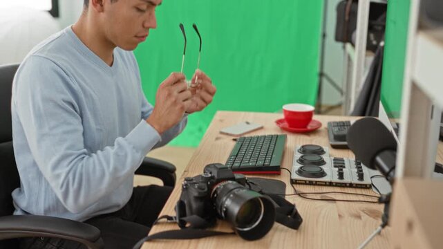 Man typing on keyboard with camera at studio green screen, hands on keys and glasses visible; creative concentration.