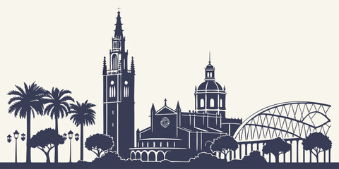 Obraz premium Valencia City Skyline Vector Art | Hemisfèric & La Miguelete Cathedral Silhouette