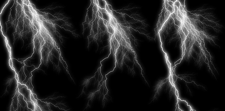 Lightning bolts on black background, electricity storm effect