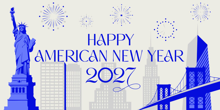American New Year 2027 NYC Skyline, Statue of Liberty Fireworks Illustration, Patriotic Cityscape Art, Blue Festive Urban Landmark Design, Modern Holiday Printable