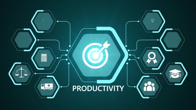 Improving work efficiency through connected digital systems, productivity network animation with glowing data flows and performance focus on transparent background.