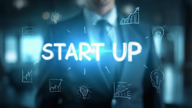 Start up glowing text on glass with business strategy graphics, entrepreneur silhouette, growth charts, innovation planning, and corporate vision