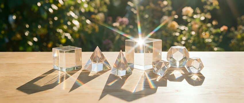 Crystal clear geometric shapes arranged on wooden surface in sunlight, casting rainbow light refractions with blurred garden background.